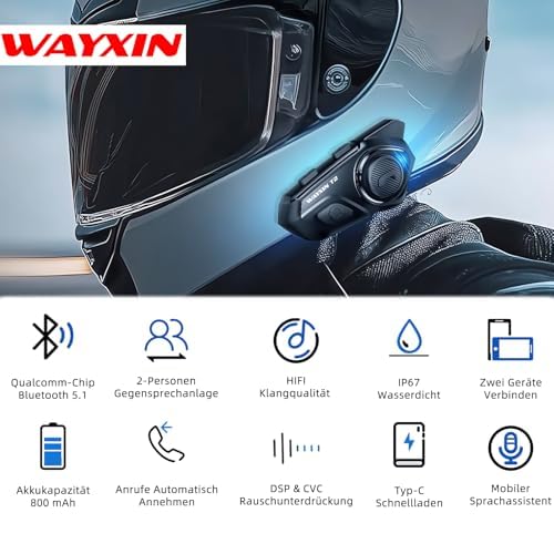 WAYXIN T2 Motorrad Headset mit Gegensprechanlage,Helm Kommunikationssystem für 2 Personen in Reichweite von 300m, mit Sprachassistent, Wasserdicht Freisprecheinrichtung,Musikanrufsteuerung(1pc)
