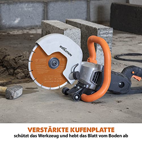 Evolution R255DCT Betonsäge Elektrische Steinsäge 2000W Steinschneidemaschine 255 mm Scheibendurchmesser Sägeblatt Premium Diamantblatt, 102.5 mm Schnitttiefe, schneidet Mauerwerk Gehwegplatten Beton