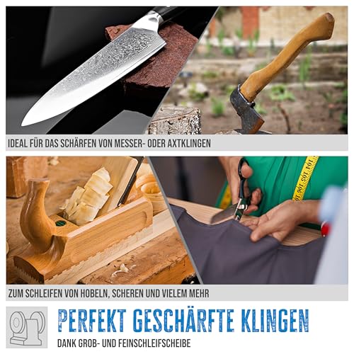 Güde Doppelschleifer GDS 150-15 (250 W, 2980 1/min Motordrehzahl, Grob- & Feinschleifscheibe 36|60 K, 150 mm ø, stabiler Maschinenfuß, kugelgelagerte Schleifachsen, verstellbare Arbeitsauflagen), Blau