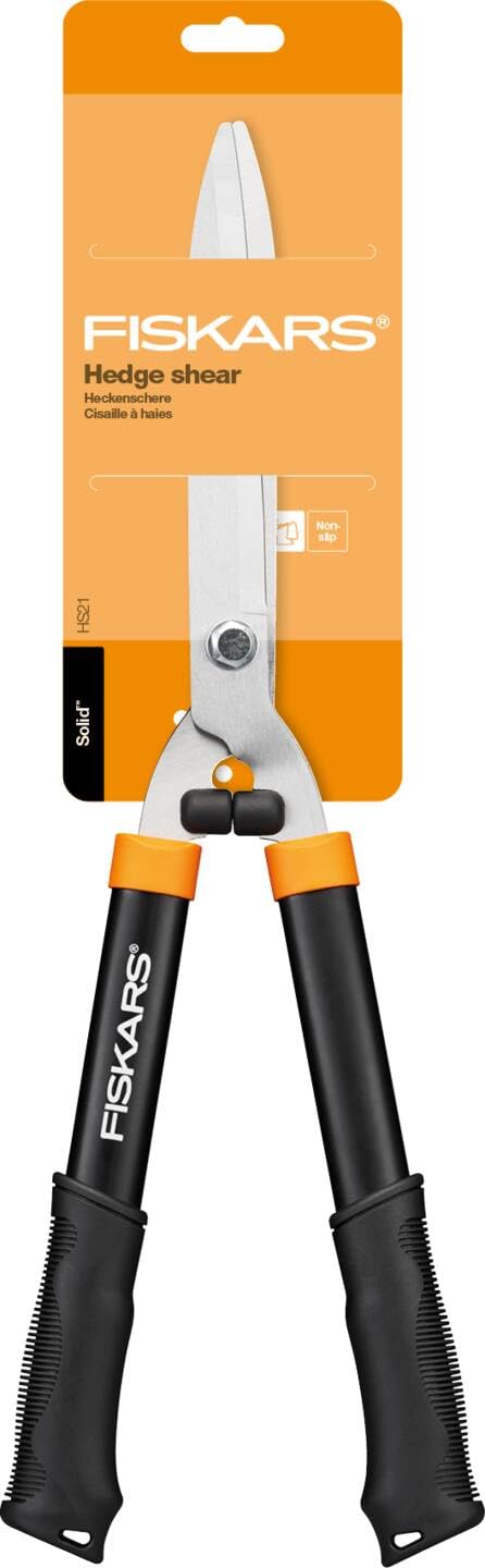 Fiskars Heckenschere HS21, Für Form- und Rückschnitt von Hecken und Büschen, Länge 59 cm, Gehärtete Stahl-Klingen/Soft-Touch Kunststoff-Griff, Schwarz/Orange, Solid, 1026827
