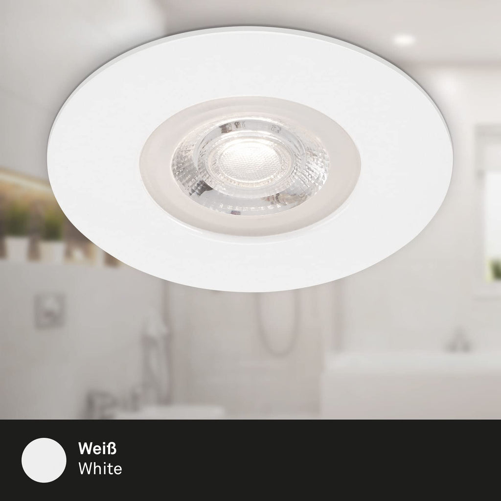 BRILONER - 4er Set Einbauleuchten Decke LED, Einbaulampen ultraflach, Einbaustrahler Bad, Badeinbaustrahler IP44, 4,9 Watt, 480 Lumen, Badezimmer, warmweiße Lichtfarbe, 90x25 mm (DxH), Weiß