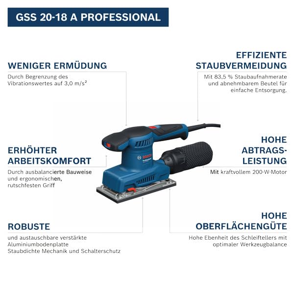 Bosch Professional kabelgebundener Schwingschleifer GSS 20-18 A (inkl. Staubbeutel, Schleifplatte)