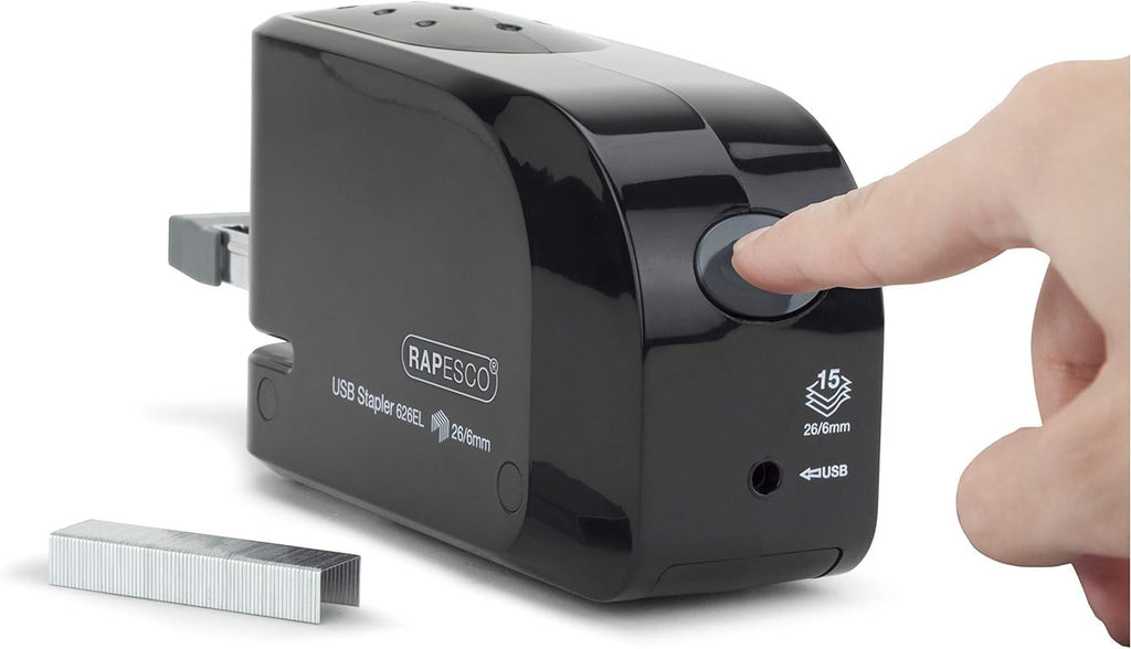Rapesco 1454 626EL Automatisches USB/Batterie Heftgerät mit 1000 26/6mm Heftklammern, 15 Blatt Heftleistung, Schwarz