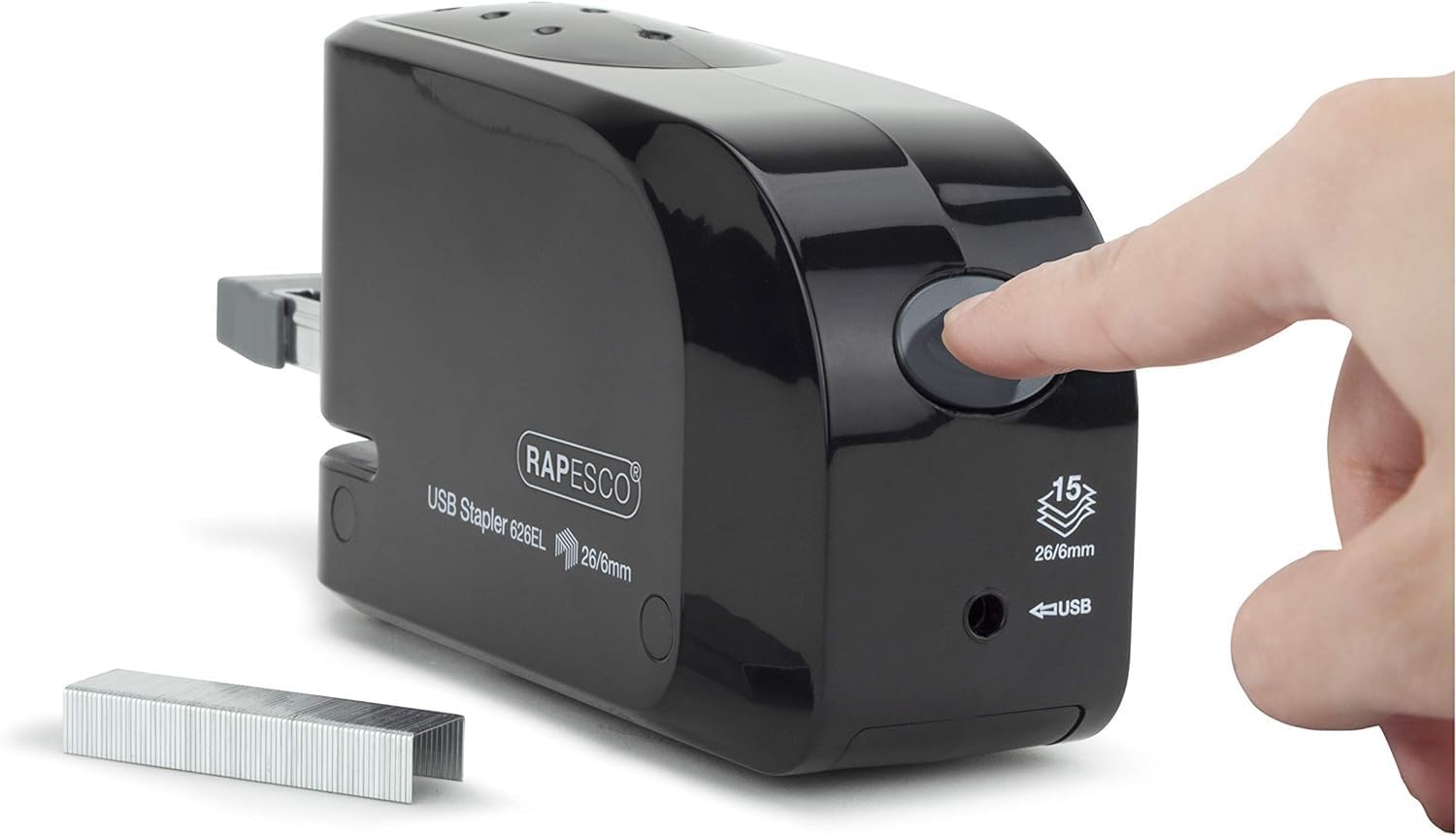 Rapesco 1454 626EL Automatisches USB/Batterie Heftgerät mit 1000 26/6mm Heftklammern, 15 Blatt Heftleistung, Schwarz