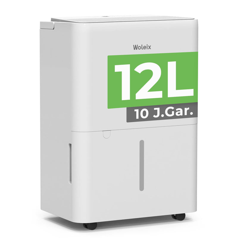 Woleix Luftentfeuchter elektrisch 12L, Entfeuchter elektrisch für Keller, Raumentfeuchter elektrisch 35dB für Räume bis zu 122m³/25m², mit Filter und 1M Ablaufschlauch, Timer, 10 J. Gar.