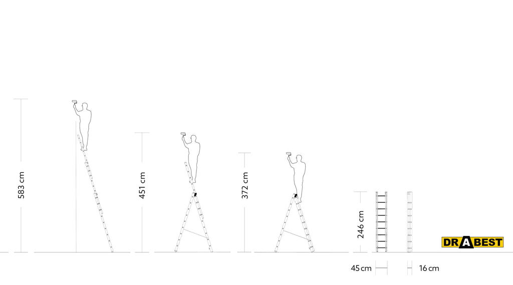 DRABEST Leiter PRO Serie Aluleiter 3-teilig Mehrzweckleiter 3x9 Stufen Leiter Multifunktionsleiter Kombileiter bis 150 kg Beslastbar - Arbeitshöhe 5,83 m - inkl. Eimerhaken