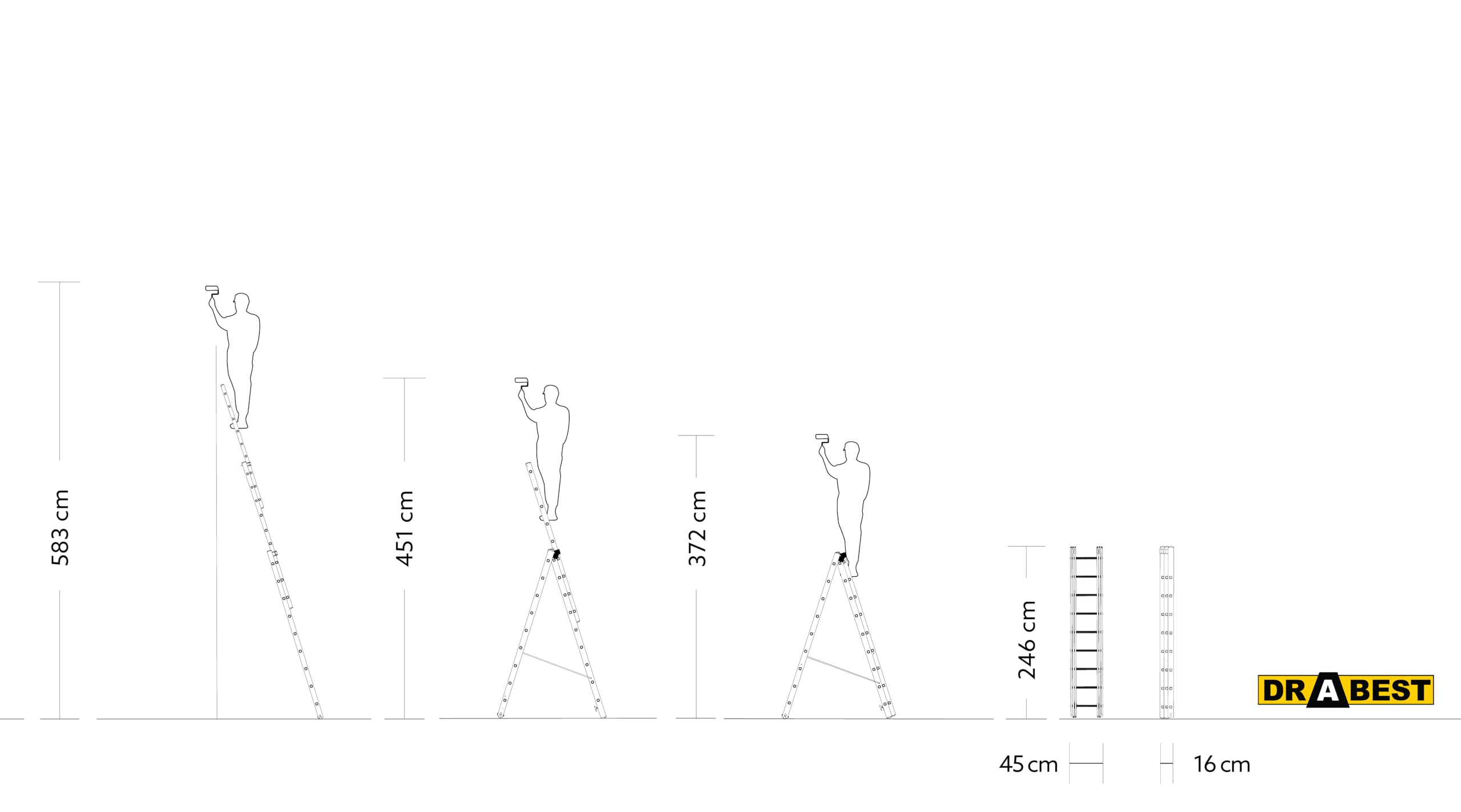 DRABEST Leiter PRO Serie Aluleiter 3-teilig Mehrzweckleiter 3x9 Stufen Leiter Multifunktionsleiter Kombileiter bis 150 kg Beslastbar - Arbeitshöhe 5,83 m - inkl. Eimerhaken