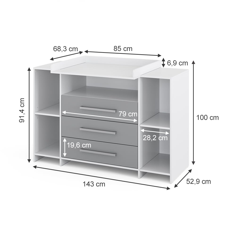 Vicco Wickelkommode Oskar, Wickelaufsatz für die Kommode, Grau, 143 x 100 cm XL mit Schubladen
