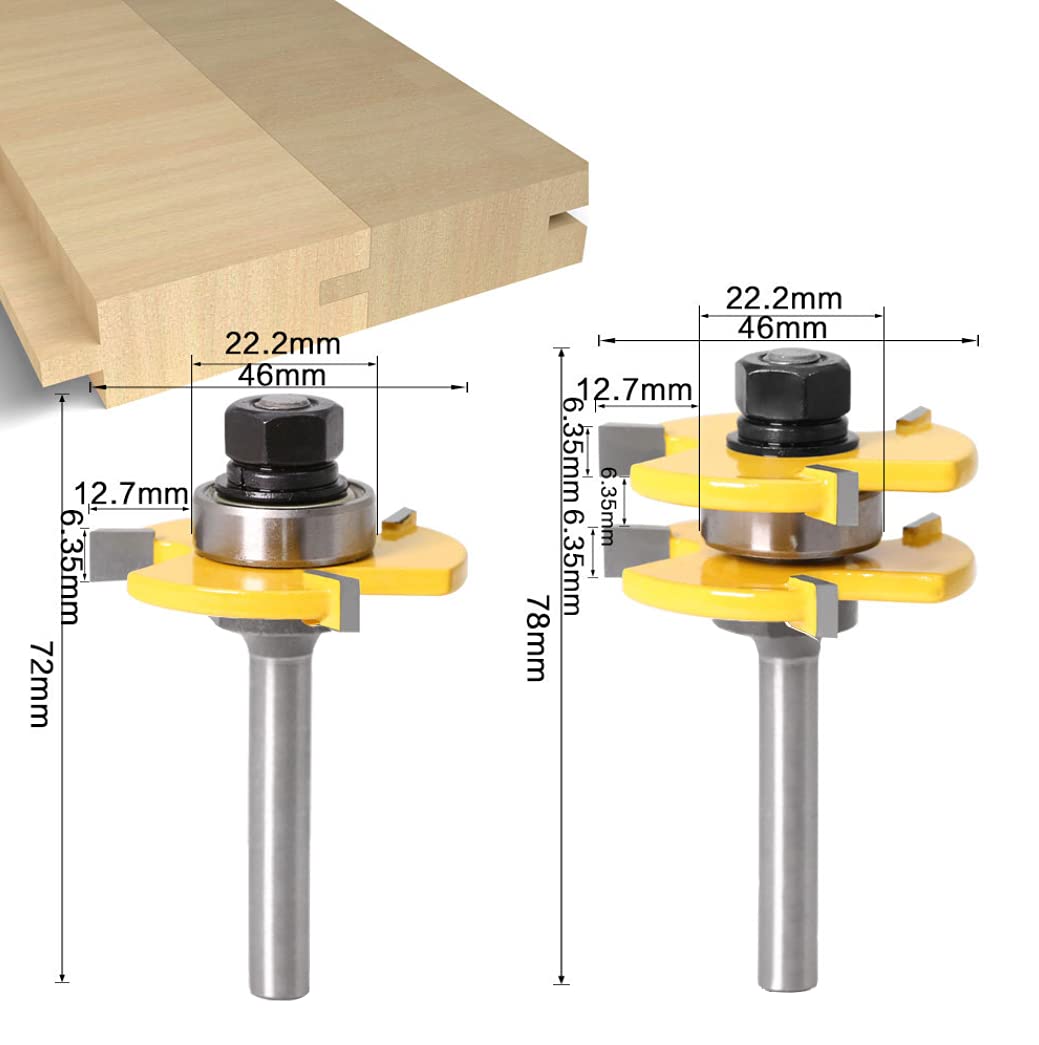 45 Grad Lock Mitre Router Bit, APLUS Holzfräser, Nutfräser + 8 mm Schaft Zungenschaft und Nutfräse Set 3 Zähne in T-Form Cutter aus Holz für Holzarbeiten