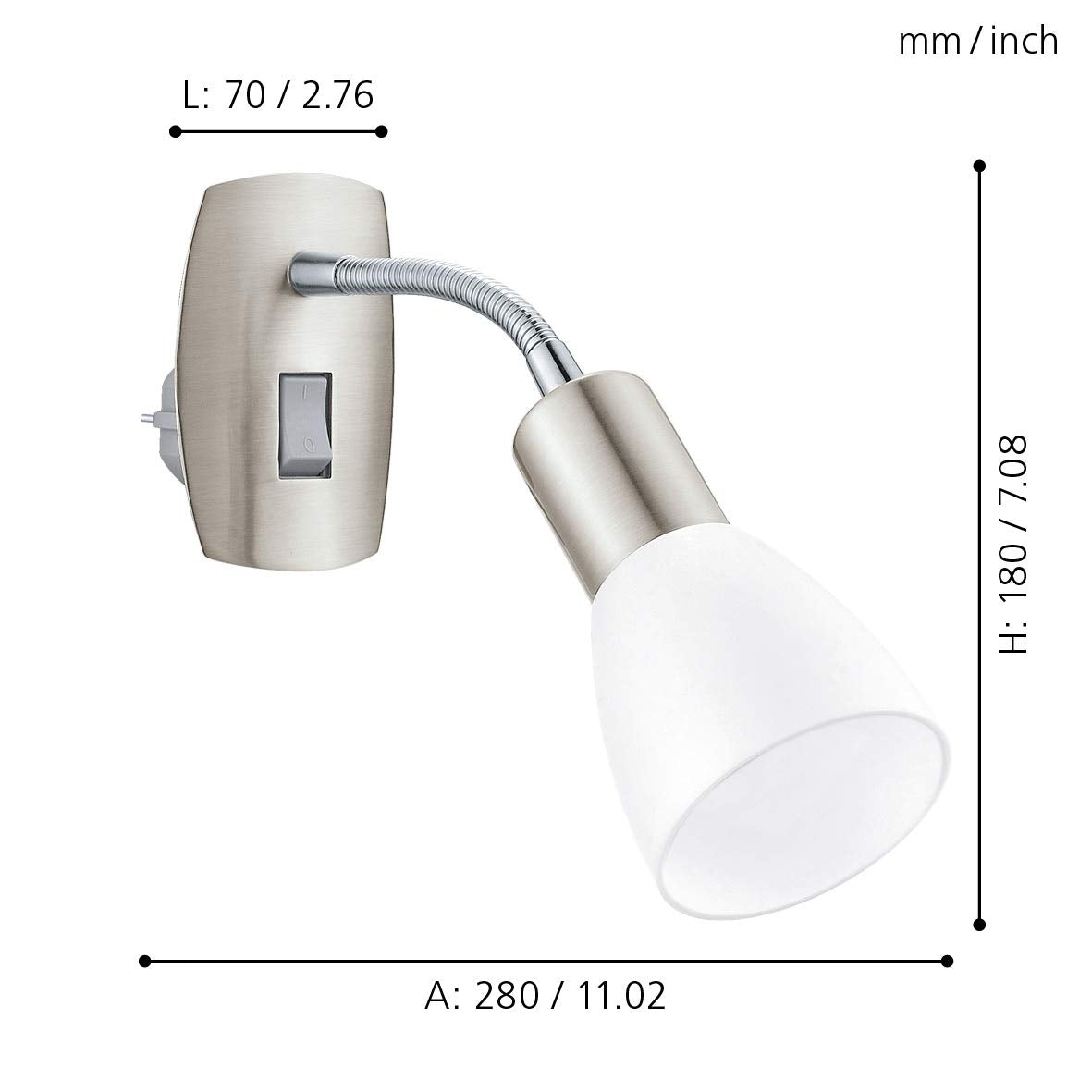 EGLO Steckdosenspot Dakar 3, Steckerleuchte, Steckdosenlampe aus Metall in Nickel-matt, Chrom und Kunststoff in Weiß, Lampe mit Schalter, E14 Fassung