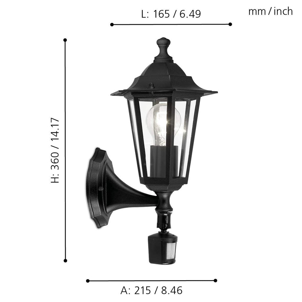 EGLO Außen-Wandlampe Laterna 4, 1 flammige Außenleuchte inkl. Bewegungsmelder, Sensor-Wandleuchte aus Aluguss und Glas, Farbe: Schwarz, Fassung: E27, IP44
