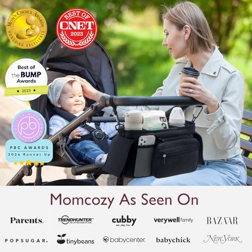 Kinderwagen Organizer Universal mit Isolierten Getränkehalter/Becherhalter, Momcozy Buggy Kinderwagentasche Baby Zubehör mit Reißverschlusstasche, Schultergurt und Stauraum für Windeln&Handys, Schwarz