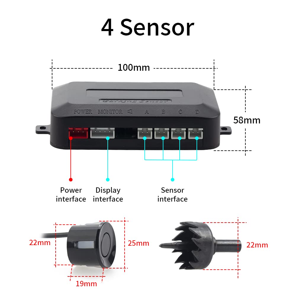 Kabellose Einparkhilfe, Rückfahrhilfe mit 4 PDC Parksensoren hinten, Summe Abstandswarn Bausatz mit Drahtlosem LED Display für Auto, SUV, Van, Wohnmobile und Pickup(4 Sensoren, Schwarz)