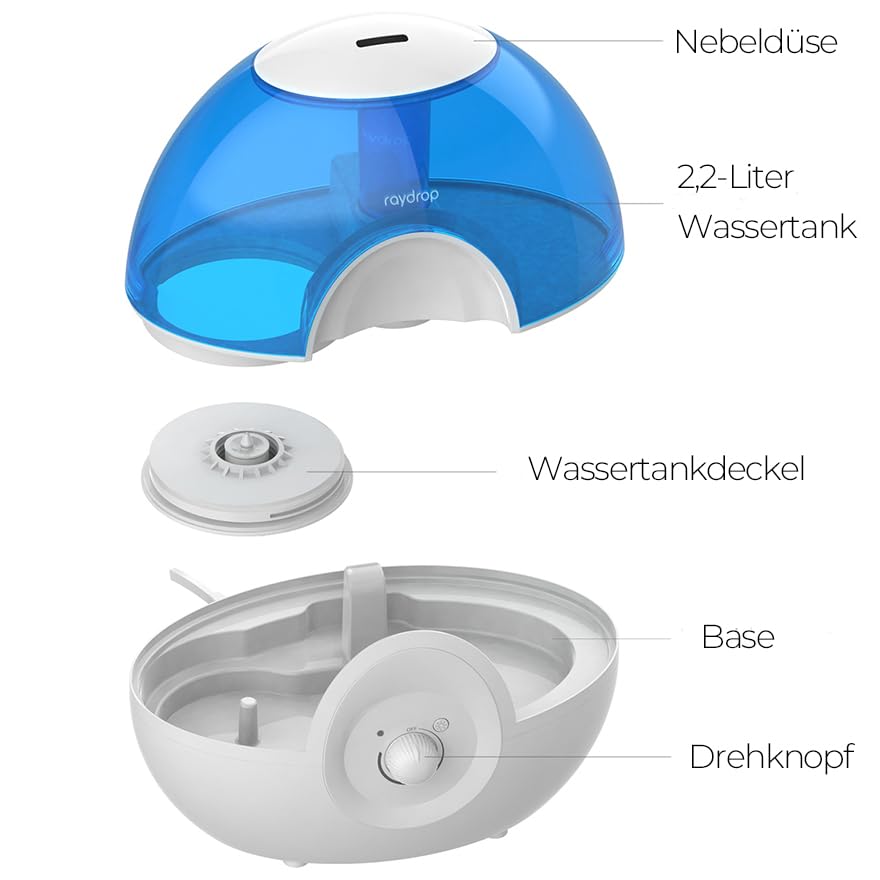 raydrop Luftbefeuchter 2,2L für Schlafzimmer, Flüsterleise 28dB Ultraschall-Luftbefeuchter, Leicht zu Reinigen, Automatische Abschaltung, 30 Std. Laufzeit, Nachtlicht (Blau)