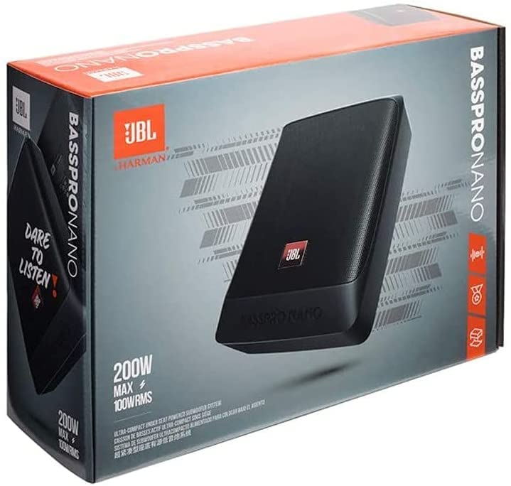JBL BassPro Nano Ultra-Kompaktes aktives Untersitz Subwoofer Set 15 x 20 cm - 200 Watt Unter sitz Auto Subwoofer Aktiv, schwarz