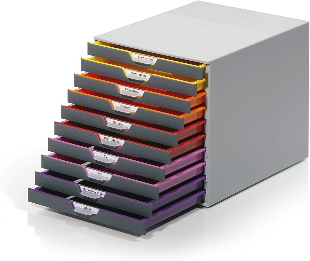 Durable Schubladenbox A4 (Varicolor) 10 Fächer für Dokumentenablage, mit Etiketten zur Beschriftung, mehrfarbig, 761027