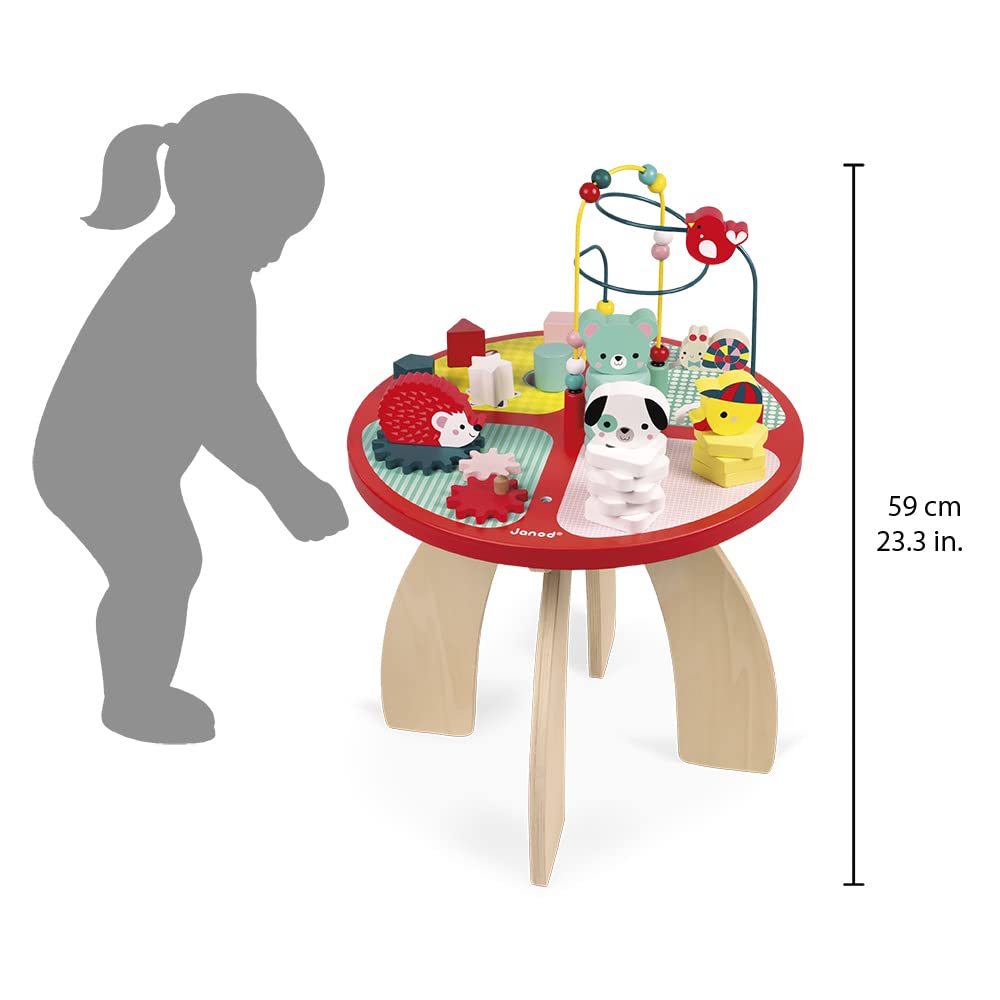 Janod Wooden Activity Table ‘Baby Forest’ - Large Early Learning Centre for Stacking, Dexterity with Maze, Cubes, Gear System and 3 Wooden Animals - From 1 Year Old, J08018