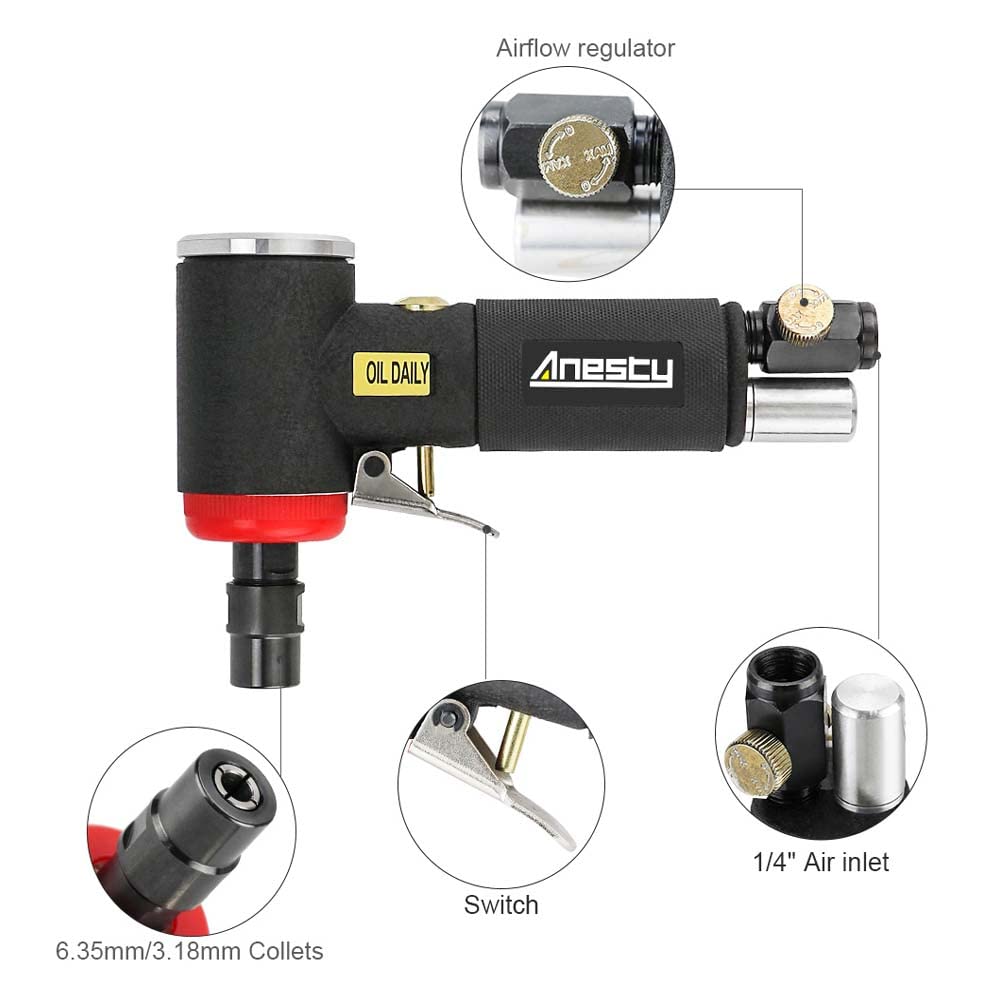 Druckluft Winkelschleifer Set - Mini Druckluft Schleifer mit 6mm & 3mm Spannzange und 20 2 Zoll Schnellwechselscheiben Set, Klein Druckluftschleifer 90° Abgewinkelt zum Schneiden/Schleifen