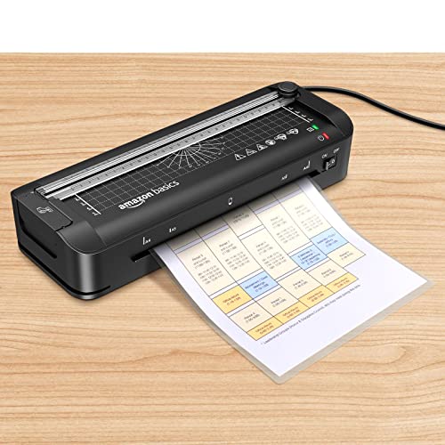 Amazon Basics 3-in-1-Thermolaminiergerät für A4-Größe, mit Funktionen zum Schneiden, Stanzen und Abrunden von Ecken, inkl. 10 Hüllen, EU-Stecker, Schwarz