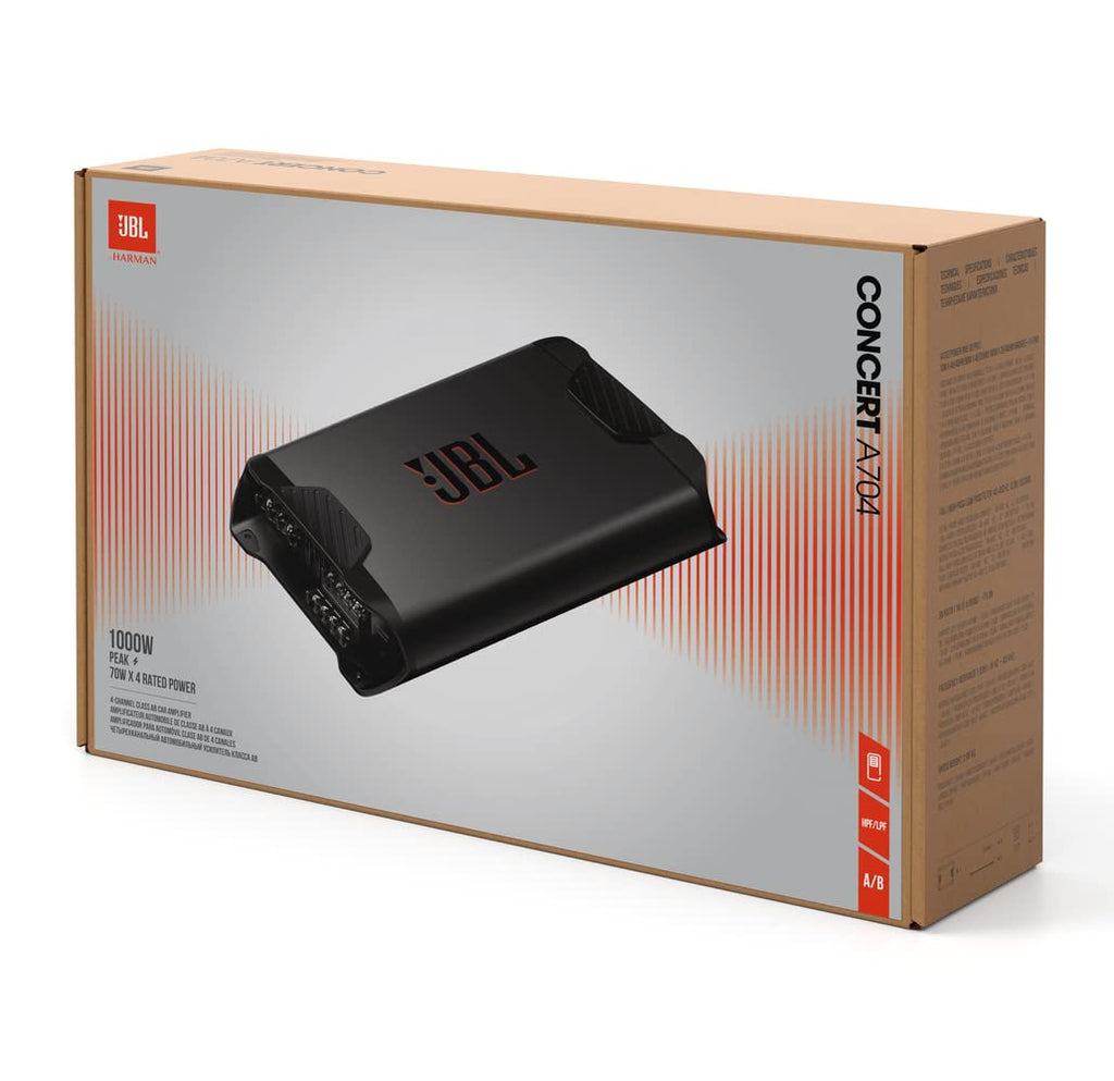 JBL Concert A704 4-Kanal Auto Verstärker 90W RMS×4 an 2Ω, 70W RMS×4 an 4Ω und 180W RMS×2 gebrückt, 1000W Peak, variablen 32–320Hz Filtern, High/Low Level Eingängen und kompakter Bauform für Fahrzeuge