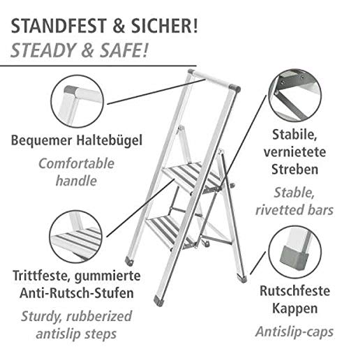 WENKO Leichte Aluminium Trittleiter mit 2 Stufen für 50 cm höheren Stand, rutschsichere XXL-Stufen, Design Klapptrittleiter, TÜV Süd Zertifiziert, 44 x 101 x 5,5 cm, Weiß
