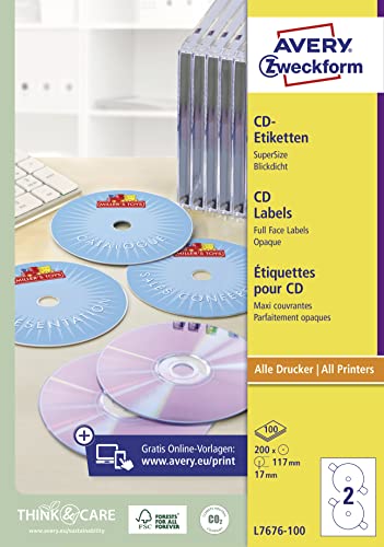 AVERY Zweckform L7676-100 selbstklebende CD-Etiketten (200 blickdichte CD-Aufkleber, Ø 117mm auf A4, SuperSize, Papier matt, bedruckbare Klebeetiketten für alle A4-Drucker) 100 Blatt, weiß