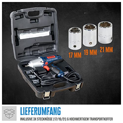 Güde Schlagschrauber ESS 350 (450 W, GS-geprüft, Drehmoment 350 Nm, Rechts-/Linkslauf, 3200 1/min, 1/2" Werkzeugaufnahme, inkl. 3 Stecknüsse (17/19/21) aus Chrom-Vanadium-Stahl & Transportkoffer)