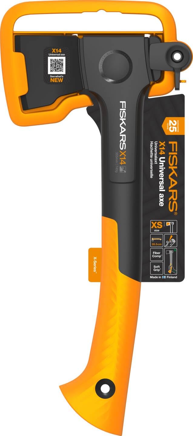 Fiskars X-Series X14 Universal-Axt, XS, Länge 35,5 cm, Kopfgewicht 529 g, Ideal zum Entasten, Feuerholzmachen und für Zimmermannsarbeiten, Doppelt gehärteter Stahl/FiberComp, Schwarz/Orange, 1069102