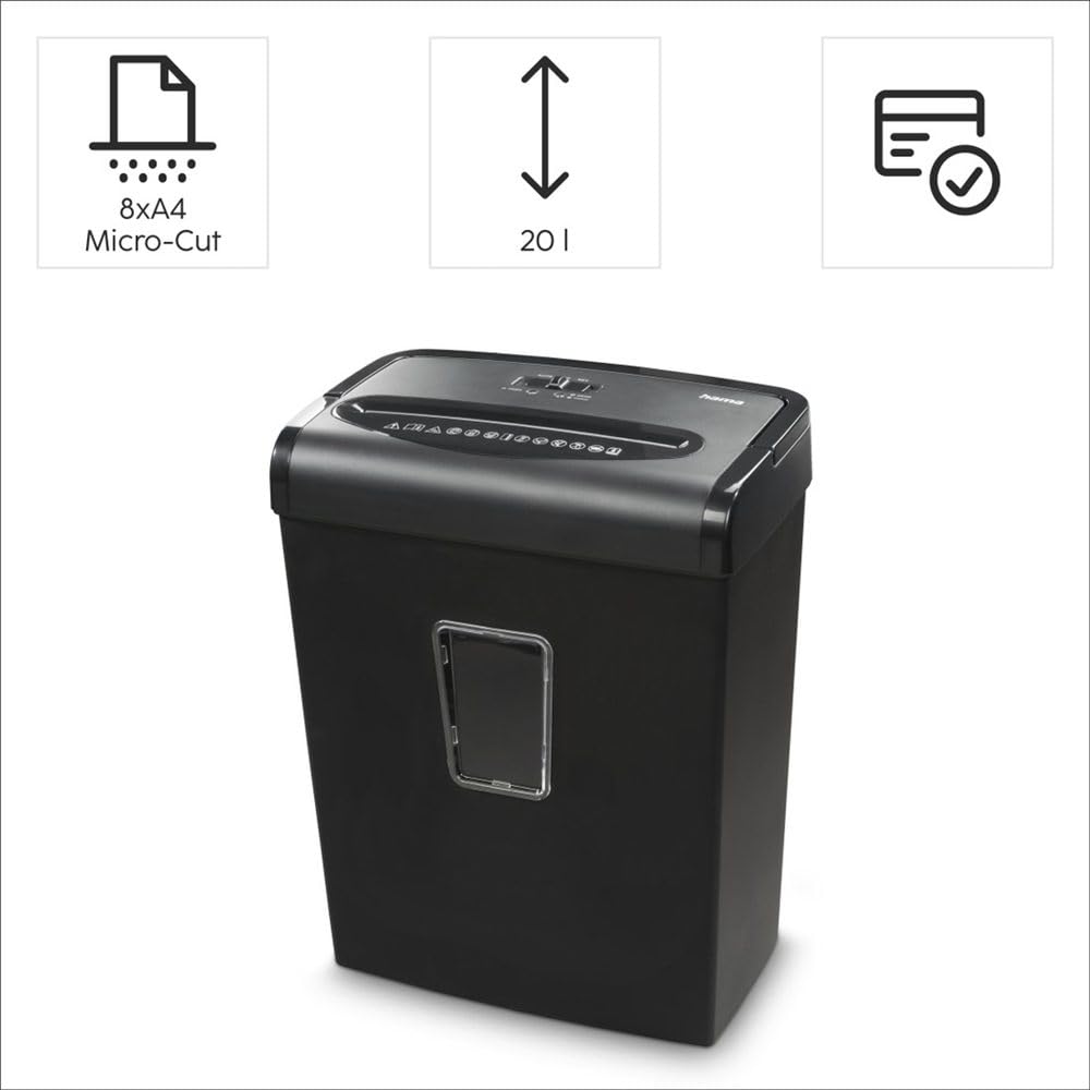 Hama Aktenvernichter Einzug Aktenvernichter professionell Home Office (Partikelschnitt, Schredder, elektrisch, 8 Blatt Papier, Kunststoff Schredder, 20 Liter Papierkorb, Sicherheitsstufe 5 DSGVO)