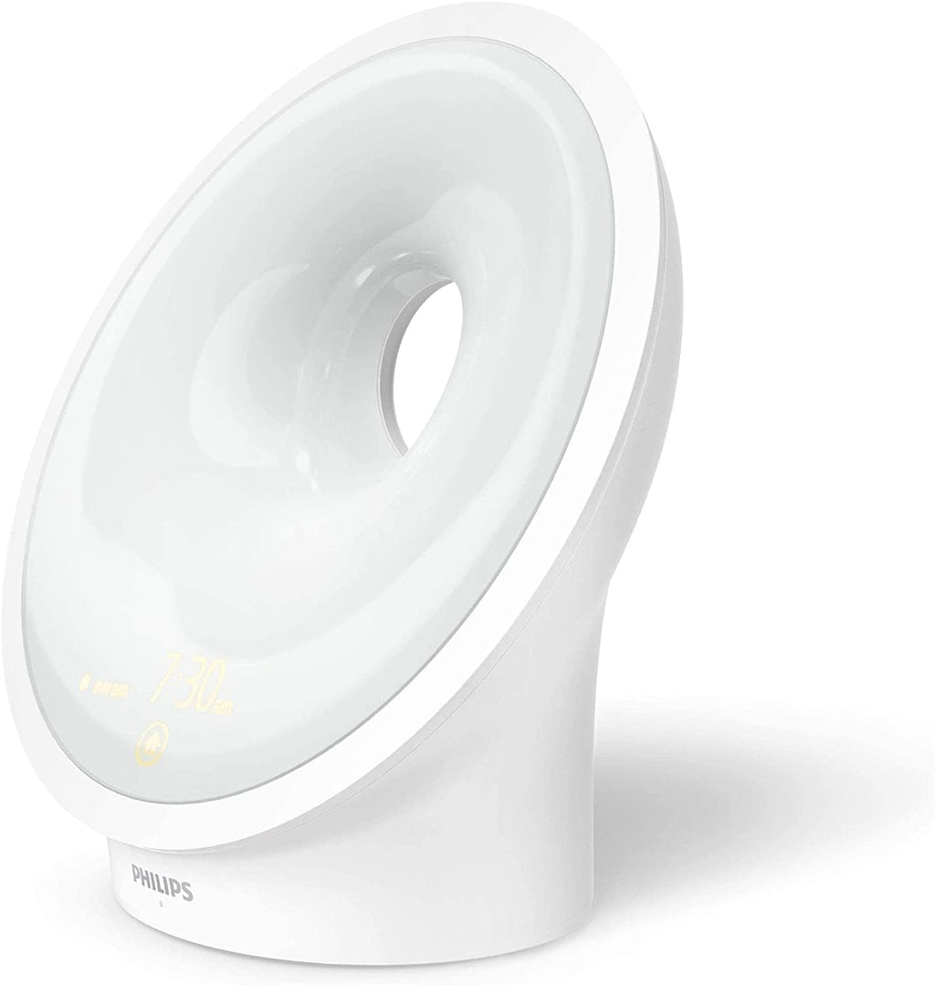 Philips Sleep & Wake-up Light, farbige Sonnenaufgangssimulation, 25 Lichtstärken, mehrere Töne und Musik, Mitternachtslicht, Entspannungs- und Atemfunktion (Modell HF3651/01)