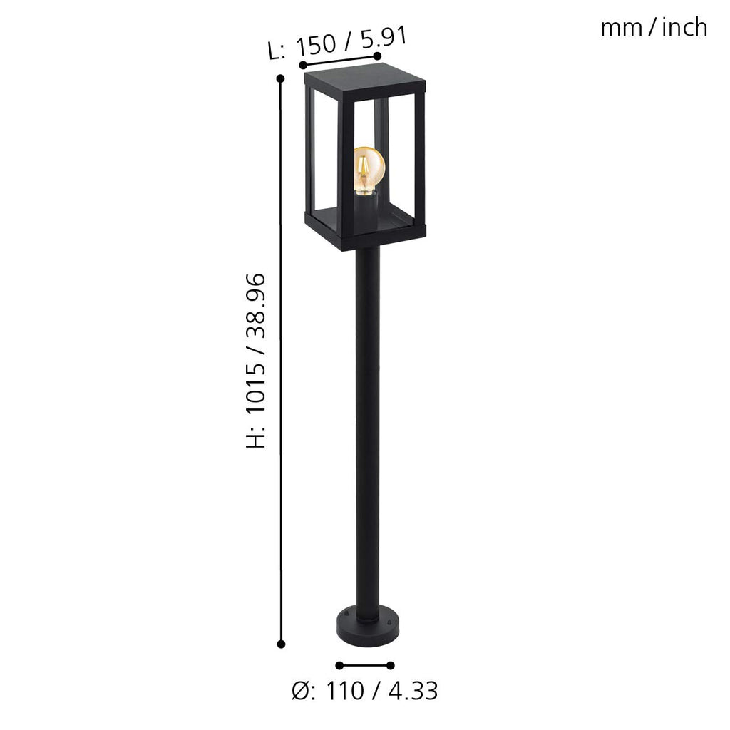 EGLO Außen-Stehlampe Alamonte 1, 1 flammige Außenleuchte, Stehleuchte aus Stahl verzinkt in Schwarz und Glas in Transparent, E27 Fassung, IP44