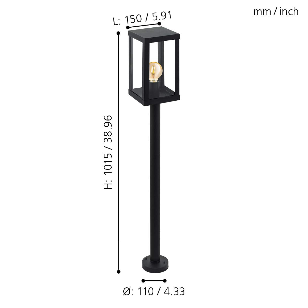 EGLO Außen-Stehlampe Alamonte 1, 1 flammige Außenleuchte, Stehleuchte aus Stahl verzinkt in Schwarz und Glas in Transparent, E27 Fassung, IP44