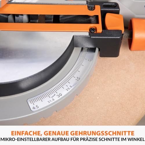 Evolution Power Tools R210MTS-G2 Vielseitige Kapp- und Tischsäge, kompakt, multifunktional, schneidet verschiedene Materialien, TCT-Sägeblatt für Holz, Kunststoff und Metall, 210mm