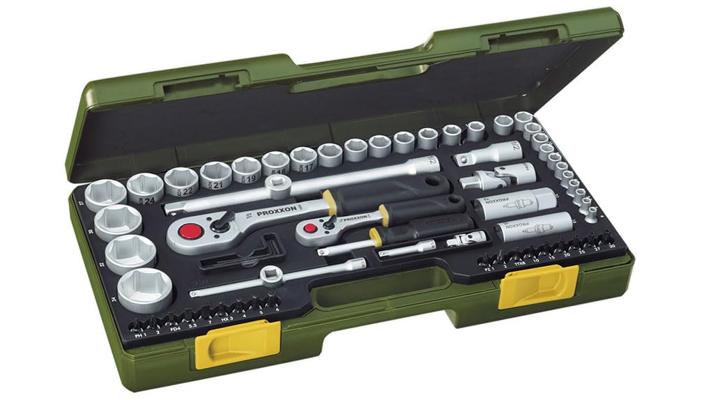 PROXXON Steckschlüsselsatz, Komplettsatz mit 1/4'' und 1/2''-Umschaltratsche, 65-teiliges Werkzeug-Set mit Kunststoffkoffer, 23286