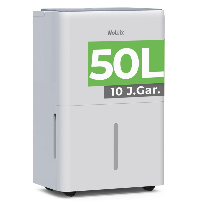 Woleix Luftentfeuchter elektrisch 50L, Entfeuchter elektrisch für Keller, Raumentfeuchter elektrisch 43dB für Räume bis zu 320m³/125m², mit Timer, Filter und 1M Ablaufschlauch, 10 J. Gar.