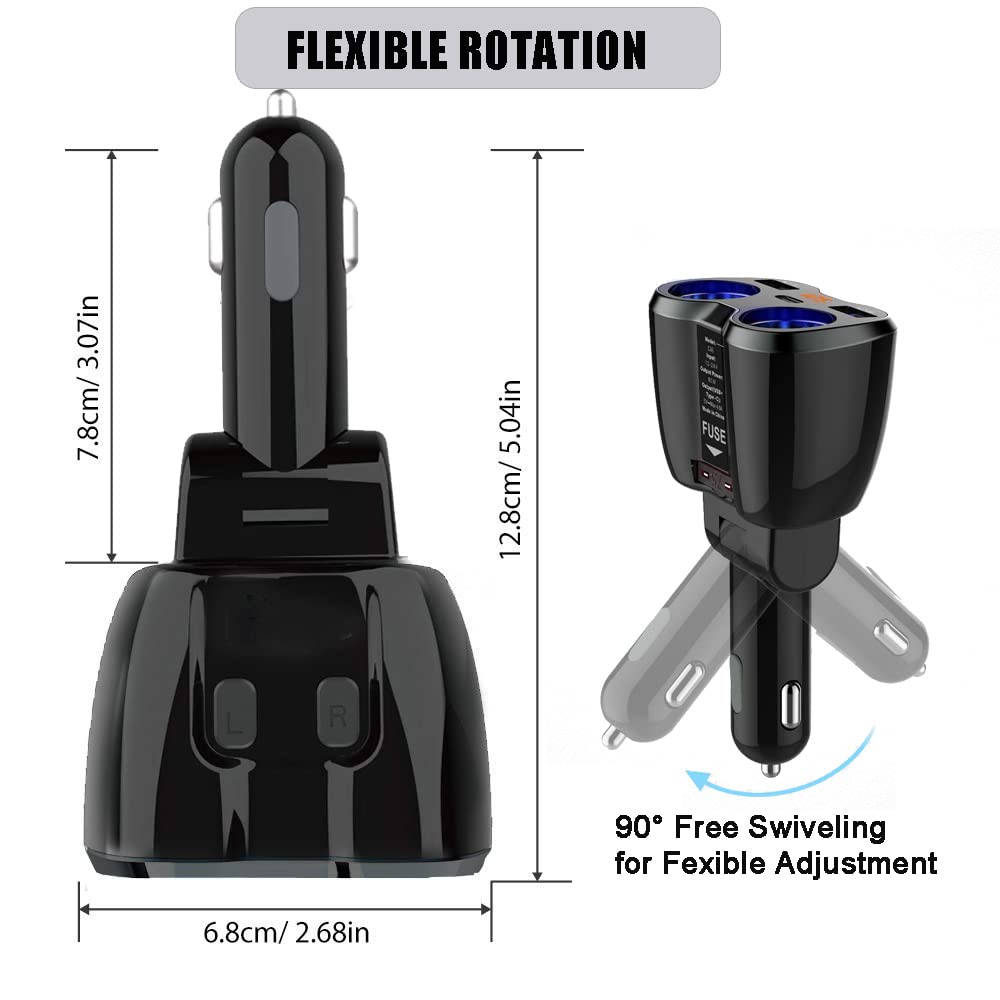 USB C Auto Ladegerät Zigarettenanzünder Verteiler Adapter Splitter Typ C KFZ Ladegerät 2 Fach Steckdose 12V/24V DC 120W mit LED 12V/24V DC 120W LED Voltmeter Schalter Dual USB Port