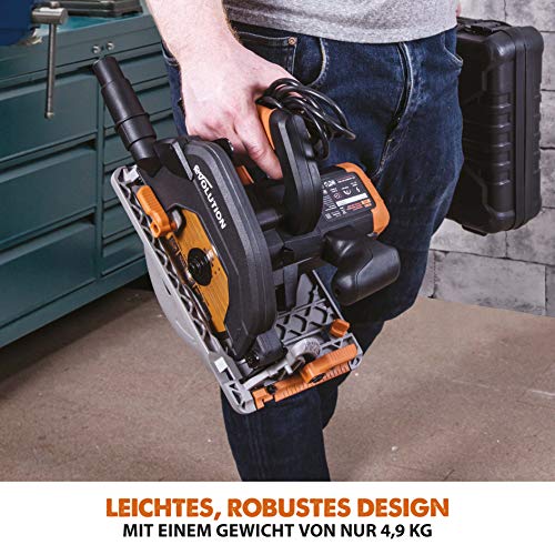 Evolution Handkreissäge R185CCS Kreissäge Tauchsäge 1600W Inkl. Ø 185 mm HM-Sägeblatt Mehrzweck Multi-Material-Schneiden Holz, Aluminium, Stahl, Kunststoff | Scie Circulaire mit Führungsschiene