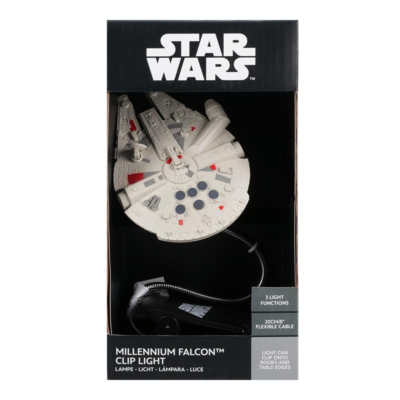 Star Wars Millennium Falcon Buchleuchte zum Anklippen, offiziell lizenziertes Disney-Leselicht, Clip-Lampen-Design mit flexiblem Kabel, mit ikonischem Han Solo Raumschiff, 3 Lichtmodi,