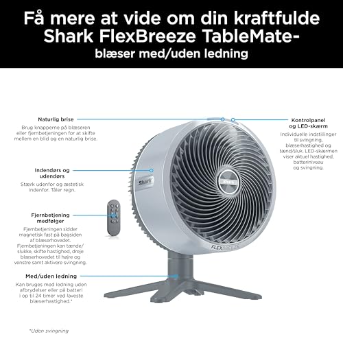 Shark FlexBreeze TableMate Akku-Ventilator, innen & außen, ≤24h Laufzeit, Hochgeschwindigkeits-Kühlung, 20 m Reichweite, leise & langlebig, 5 Geschwindigkeiten, Oszillation, Fernbedienung FA150EU