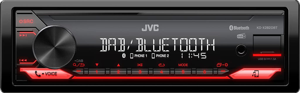JVC KD-X282DBT USB-Autoradio mit DAB+ & Bluetooth Freisprecheinrichtung (USB, AUX-In, 1 x Pre-Out 2,5V, Soundprozessor, 4x50 W, rote Tastenbeleuchtung)