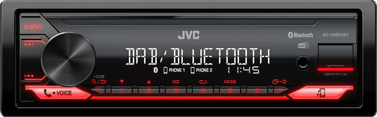 JVC KD-X282DBT USB-Autoradio mit DAB+ & Bluetooth Freisprecheinrichtung (USB, AUX-In, 1 x Pre-Out 2,5V, Soundprozessor, 4x50 W, rote Tastenbeleuchtung)