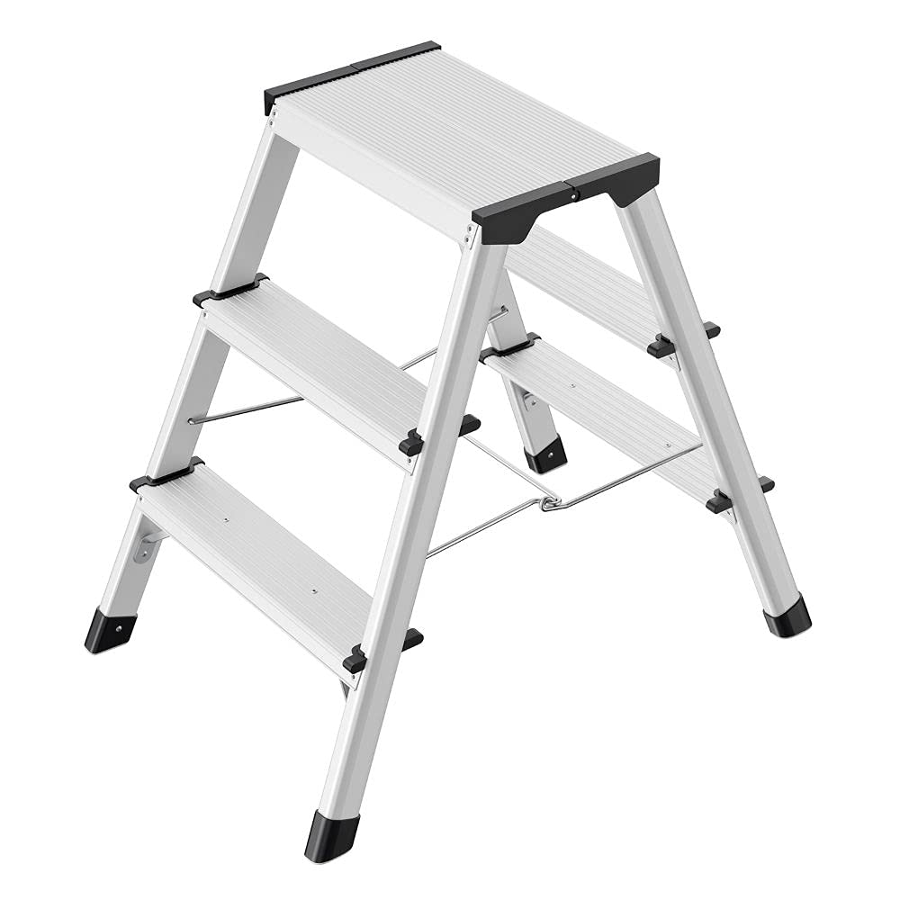 Hailo D60 StandardLine Alu-Klapptritt-Leiter - 2x3 Stufen belastbar bis 150 kg - Trittleiter mit Klappsperre - Füße mit Soft-Grip-Sohle - platzsparend zusammenklappbar - Aluleiter rostfrei - Silber