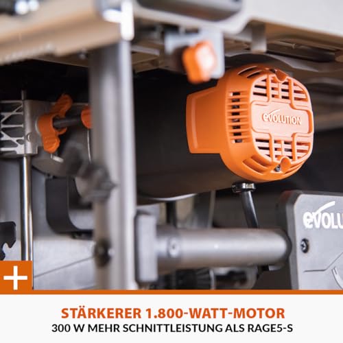 Evolution Power Tools R255TBL+ tischkreissäge, Tischsäge Tragbares Multi-Material-Sägeblatt im Lieferumfang enthalten Schneidet Holz Metall Kunststoff, 45˚ Fase, +/- 60˚ Gehrungswinkel, 1800w Motor