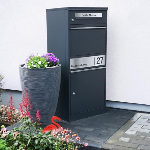 Metzler Paketbox, Briefkasten mit großem Paketfach in Anthrazit, personalisierte Paketbox für draußen, Standbriefkasten mit Paketfach, Paketkasten, Postbox mit Gravur, rostfrei und massiv - Bispo 2