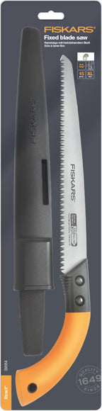 Fiskars Handsäge für frisches Holz bis Ø 15 cm, Mit feststehendem Blatt, Inklusive Kunststoff-Köcher, Sägeblattlänge: 33 cm, Rostfreies Stahl-Sägeblatt, Schwarz/Orange, SW84, 1001620