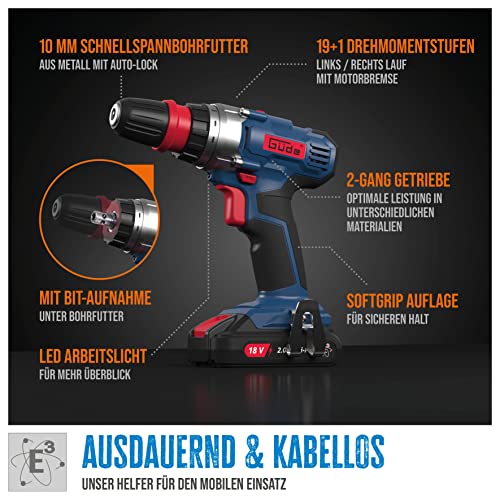 Güde Akku Bohrschrauber BS 18 - Set 126tlg. (18 V, mit Bit-/Bohrer-Set im Koffer, 2-Gang, 19+1 Drehmomentstufen, max. 30 Nm, 10 mm Schnellspannbohrfutter, LED-Licht, inkl. Akku & Schnellladegerät)