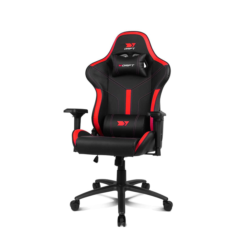 DRIFT GAMING DR350 – Ergonomischer Profi-Gaming-Stuhl mit 4D-Armlehnen, Lenden- und Nackenkissen, 135° neigbar, Leise Rollen, Schwarz-Rot