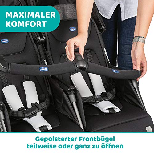 Chicco OHlalà Twin Geschwisterwagen von Geburt bis 15 kg, Kinderwagen für Zwillinge und Geschwister, Verstellbarer Faltbarer Zwillingsbuggy, Regenschutz und Ausziehbares Verdeck