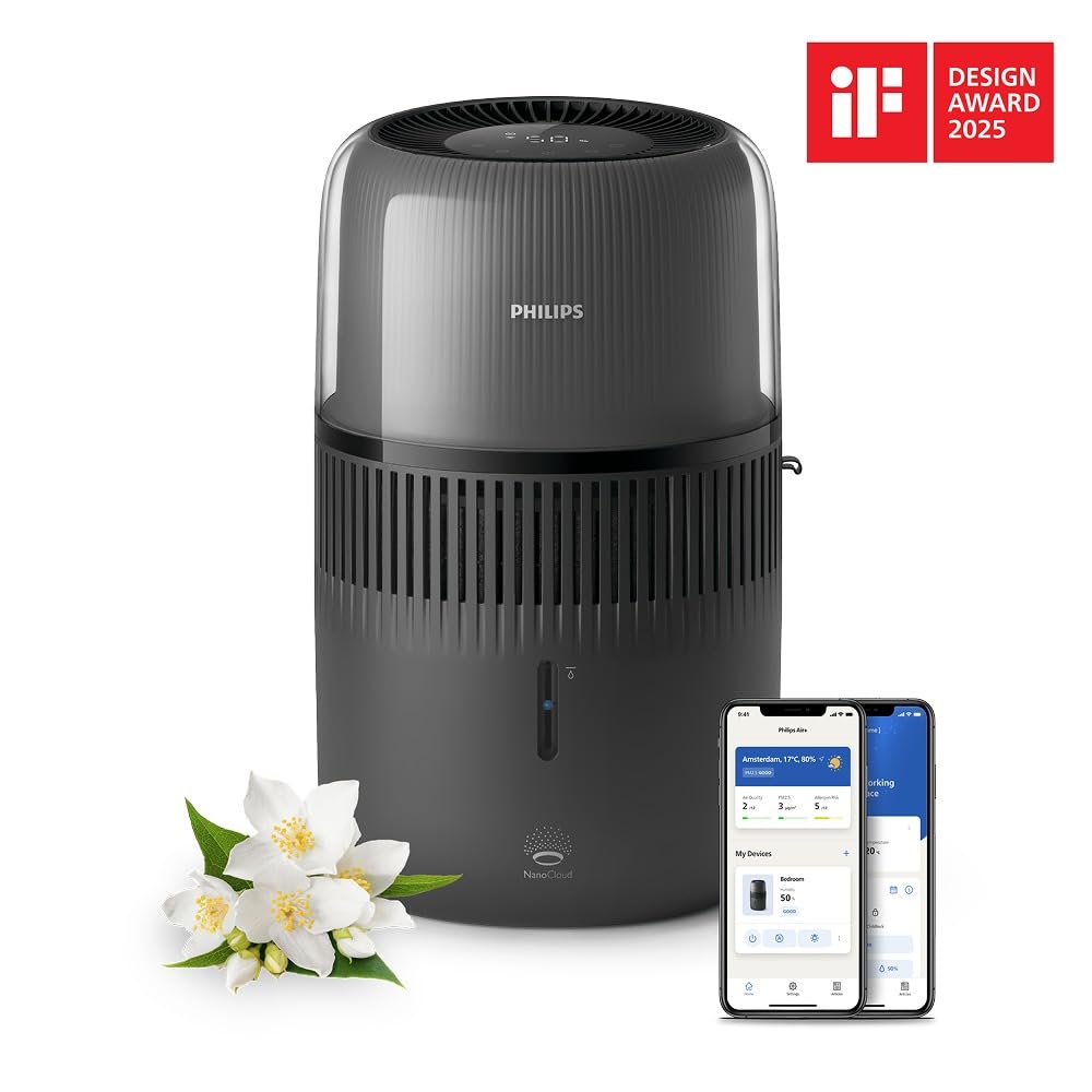 Philips 5000 Series Smart Verdunstungsbefeuchter für 45m², 12dB Ultra-leise, Schlafmodus, 99% weniger Bakterien mit NanoCloud, 300 ml/h, 4,5L Tank, Feuchtigkeitssensor, Timer, Schwarz (HU5600/03)