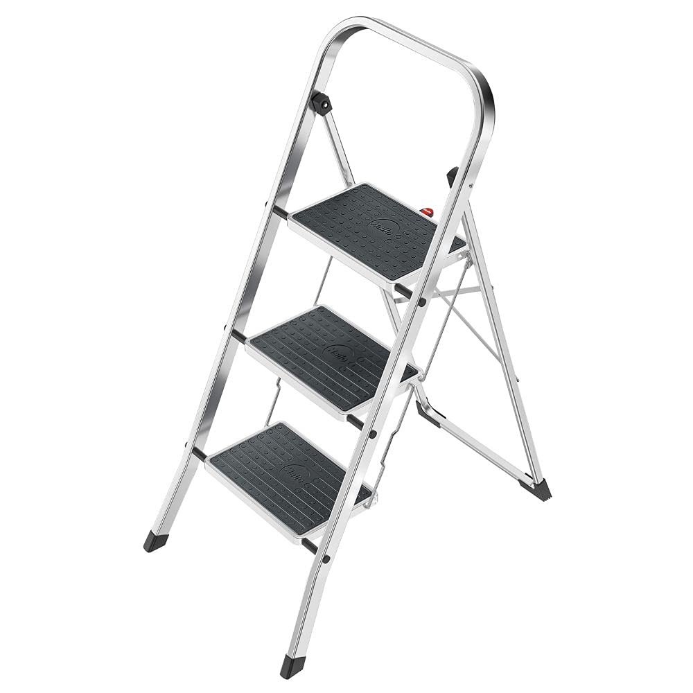 Hailo K70 StandardLine Alu-Klapptritt-Leiter - 3 große Stahl-Stufen mit Anti-Rutsch-Matten belastbar bis 150 kg - Trittleiter mit Klappsicherung - besonders leicht und einfach zu verstauen - Silber